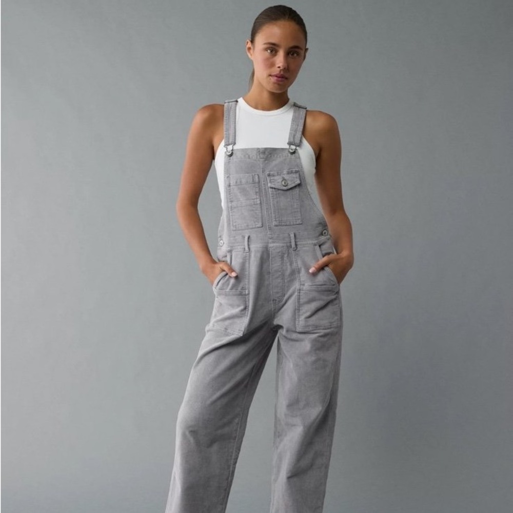American Eagle Outfitters Women's Light Gray Denim Overalls